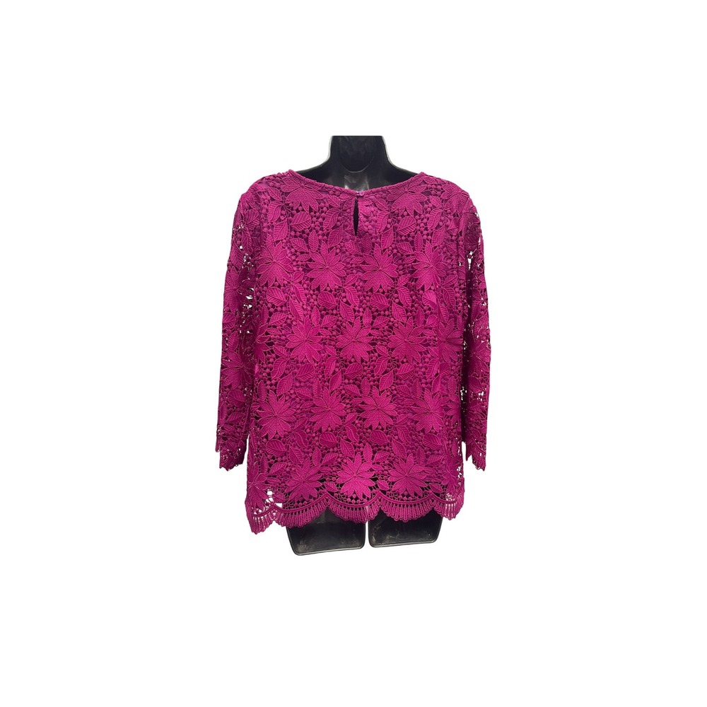 RSVP by Talbots women's Lace Top Magenta Floral 3/4 Sleeve Scalloped Hem Sz L - Picture 3 of 16